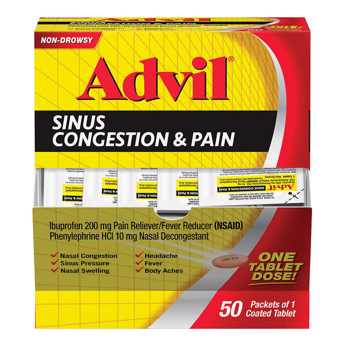 advil sinus congestion & pain relief tablets dispenser box, 50