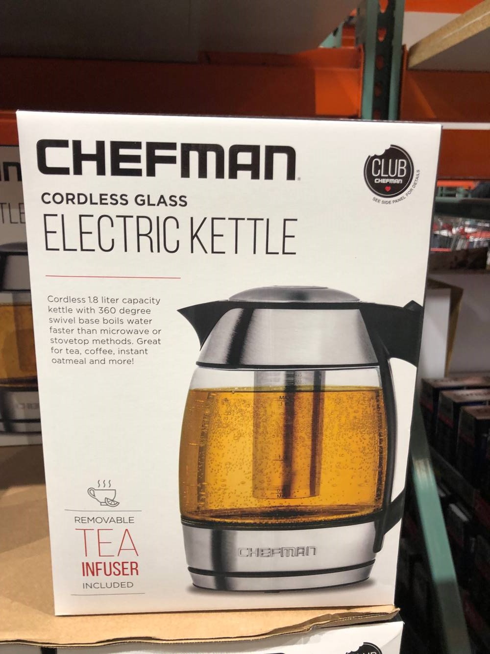 chefman 1.7l electric glass kettle with free tea infuser